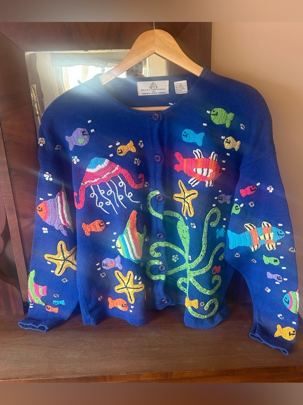VTG 90s Design Options Sea Life Themed Button-Front Knit Cardigan Sweater: MED